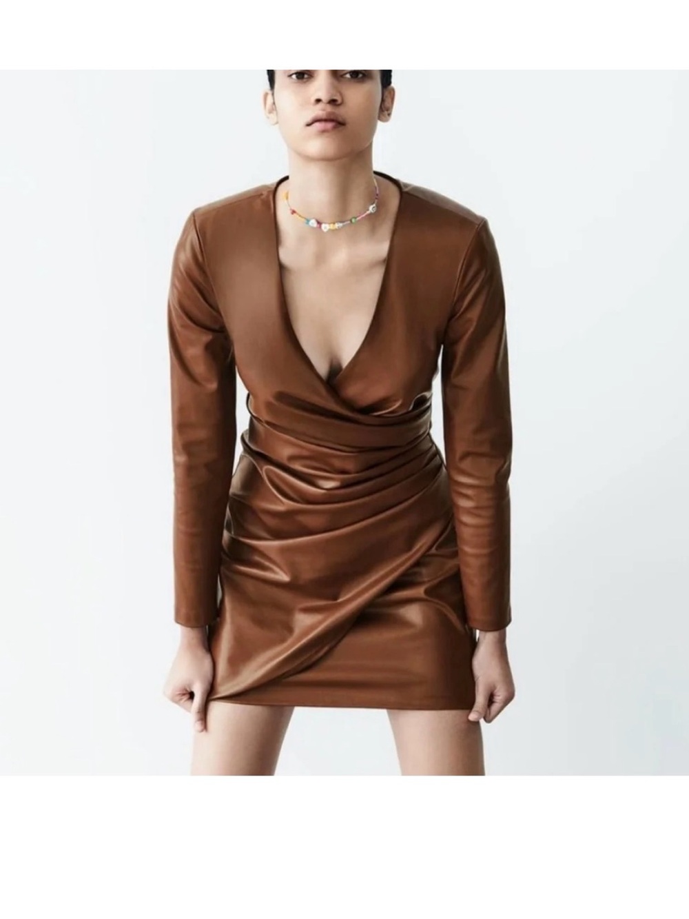 NWT Zara Brown Faux Leather Long Sleeve Mini Dress